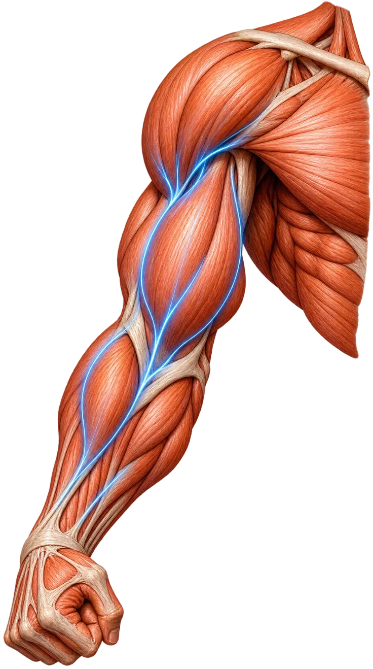 Arm and shoulder with nerve activation lit over the biceps