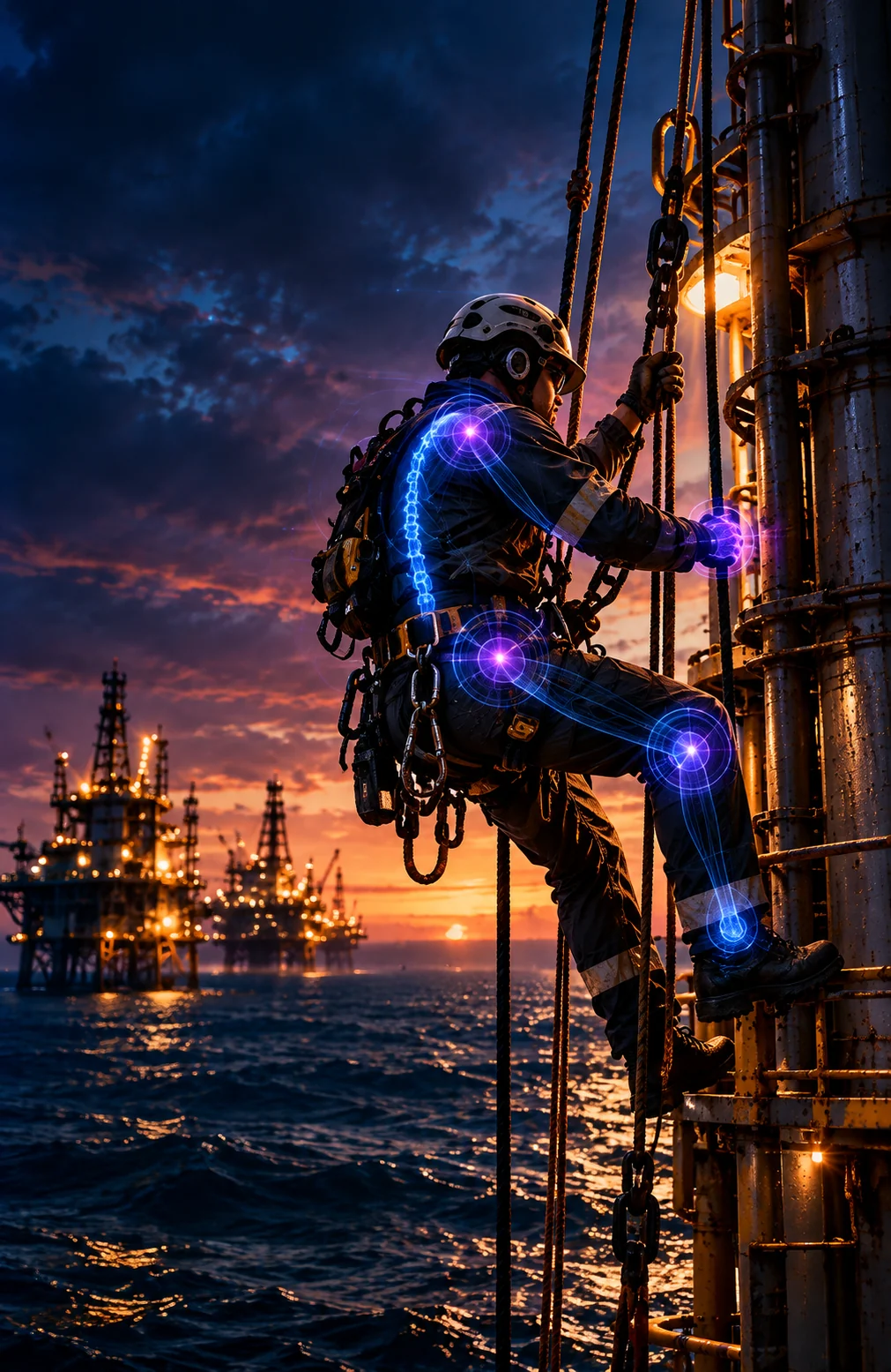 Rope access professional on an offshore platform, with joints highlighted
