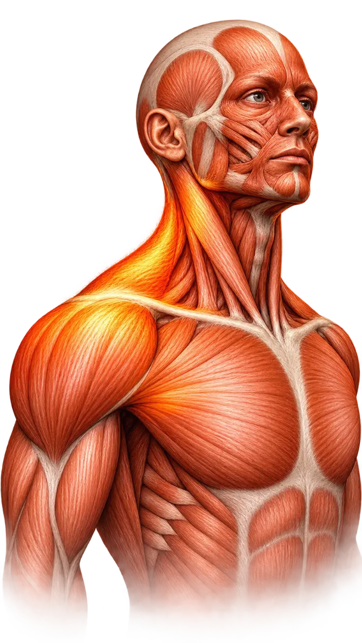 Neck, trapezius and shoulder muscles highlighted
